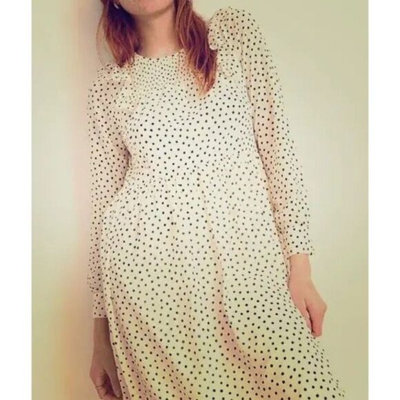 Madewell Smocked Ruffle-Shoulder Midi Dress Inkbrush Dots Small - Picture 1 of 9